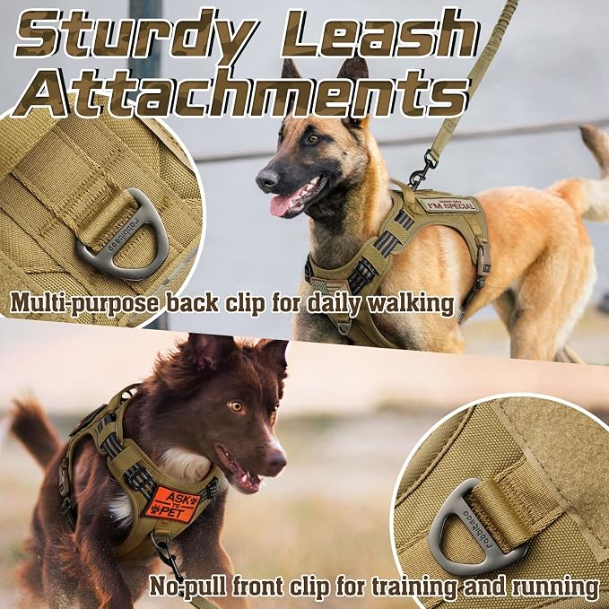rabbitgoo Tactical Dog Harness for Large, No Pull Military Service Vest | Molle & Handle, Heavy Duty, Adjustable, Reflective Straps, Easy Control for Training Walking, Brown, Large - Image 6