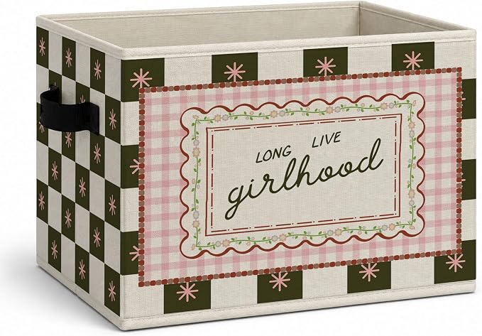 Girls Nursery Storage Bins Box, Sweet Positive Collapsible Organizer Basket | affirmative cheerful storage box basket for books clothes, pink gingham organizer for nursery bedroom playroom, 10x14 in by Unknown