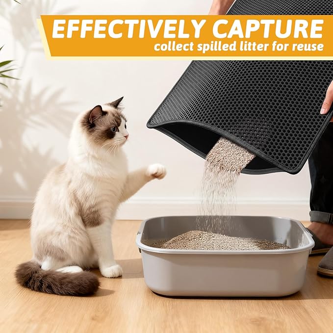 Pieviev Kitty Litter Mat, Double-Layer Waterproof Design, 30" x 24" Black | Honeycomb Litter Box Mat Catches Scattered Particles to Stop Tracking, Urineproof Base protects Floors, Easy to Clean - Image 3