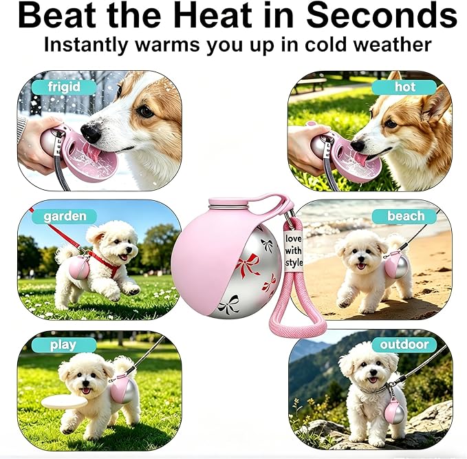 Portable Dog Water Bottle, Flip-Top Silicone Bowl Design, Insulated Hot & Cold Retention Material, One-Hand Leakproof Use, Perfect for Walking & Hiking, 10oz (Pink, Printing) - Image 2