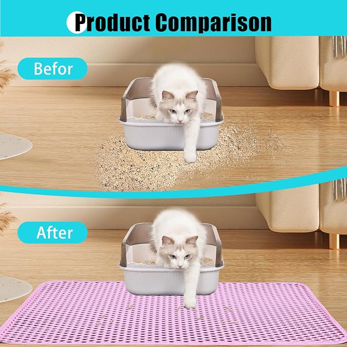 Cat Litter Mat 23"x14.5", Double Layer Waterproof Litterbox Mat, Pink | Non-slip backing, washable for easy cleanup, traps stray litter with waterproof honeycomb large grid that is urine-proof. - Image 7