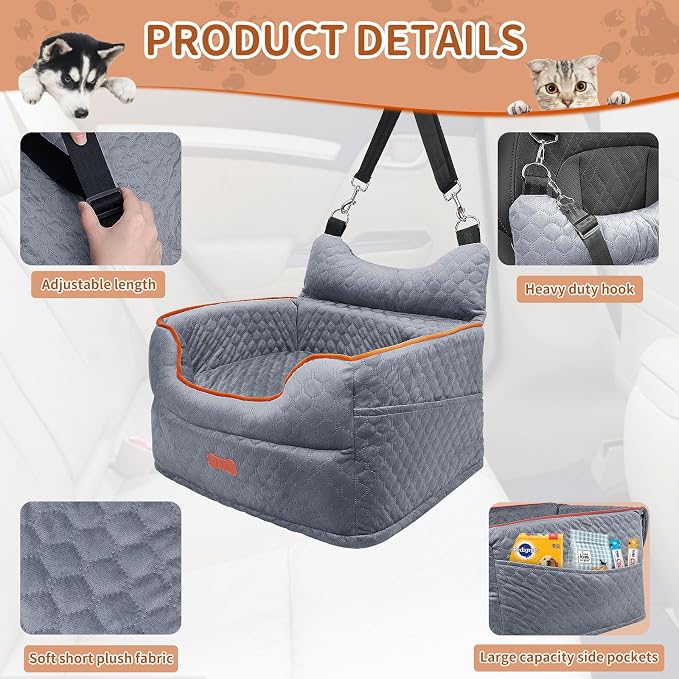 Dog Car Seat for Small Dogs Up to 25 lbs with 6-Inch Memory Foam Cushion | Elevated Booster Seat with Safety Belts, Storage Pockets and Removable Washable Cover for Front or Back Seats, Grey - Image 4