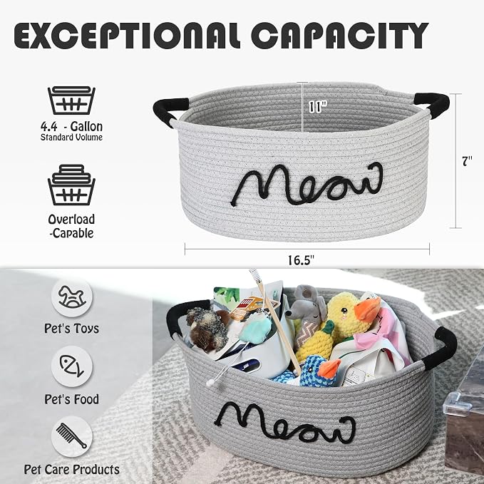 Sea Team Cat Toy Storage Basket with Handles, Gray Meow | Large Cotton Rope Storage Bin, Shelf Basket, Organizer for Pet Chew Toys, Foods, 16.5 x 11 x 7 Inches, 4.4 Gallons - Image 3