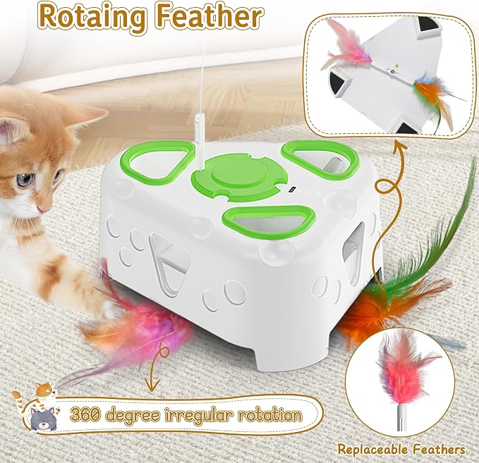3-in-1 Automatic Interactive Cat Toy, Flying Bird, Mole & Feather | Rotating feather, 3 play modes, cheese-shaped non-slip base, USB-C rechargeable 1200mAh battery, 8-minute auto shutoff - Image 5