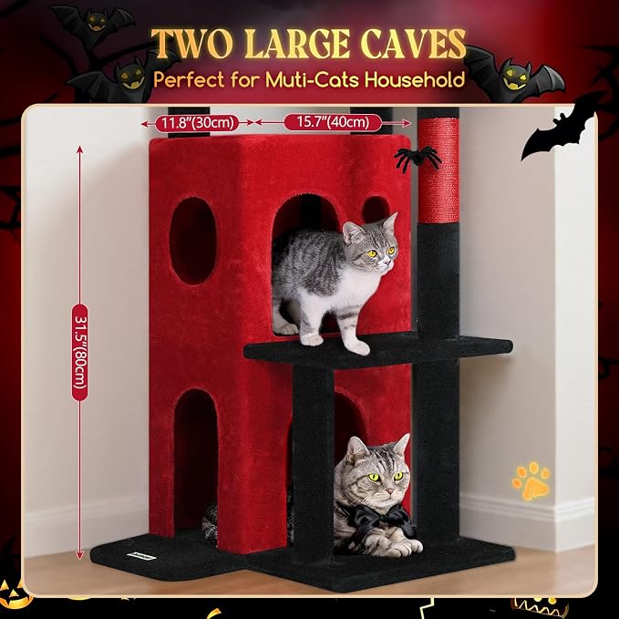 Globlazer Gothic Cat Tree Tower for Indoor Cats, 50-inch Goth Adult Cat Tree House for Large Adult Cats with Steps, Scratching Post, 2 Cat Caves, Dangling Toys, FC50, Blood-Goth - Image 4