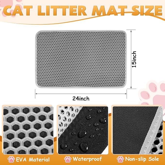 Cat Litter Mat 24"x15", Double Layer Waterproof Litterbox Mat, Gray | Non-slip backing, washable for easy cleanup, traps stray litter with waterproof honeycomb large grid that is urine-proof. - Image 7