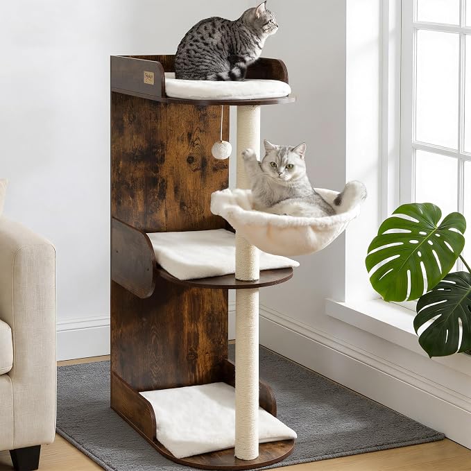 44.8in Modern Wood Cat Tree Tower for Indoor Large Cats with Perch | Multi-level Big Platforms, Sisal Scratching Posts, Cozy Hammock, Washable Pads, Ideal for Windows and Corners, Rustic Brown by FeliskynCatTreeTower