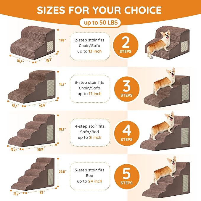 Dog Stairs for Small Dogs 15.7" H, Dog Ramp for Bed, 3-Step, Coffee | Dog Steps for Bed, Couch, Pet Stairs with Non-Slip Bottom Design, Cat Scratching,High Density Foam Portable Pet Steps, Indoor - Image 2