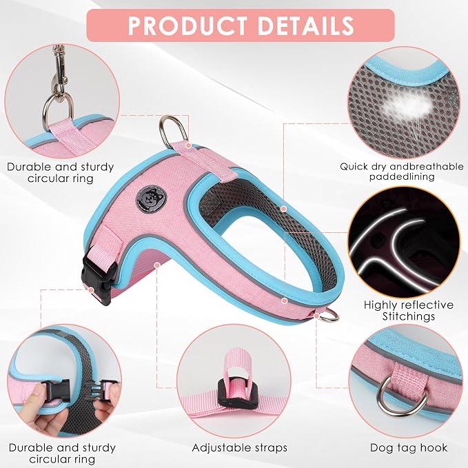Dog Harness and Leash Set, No Pull Saddle Style Pet Harness, Breathable Mesh Adjustable Reflective Dog Vest for Medium Small Dogs Harness 2 D-Rings, Pink, L - Image 2