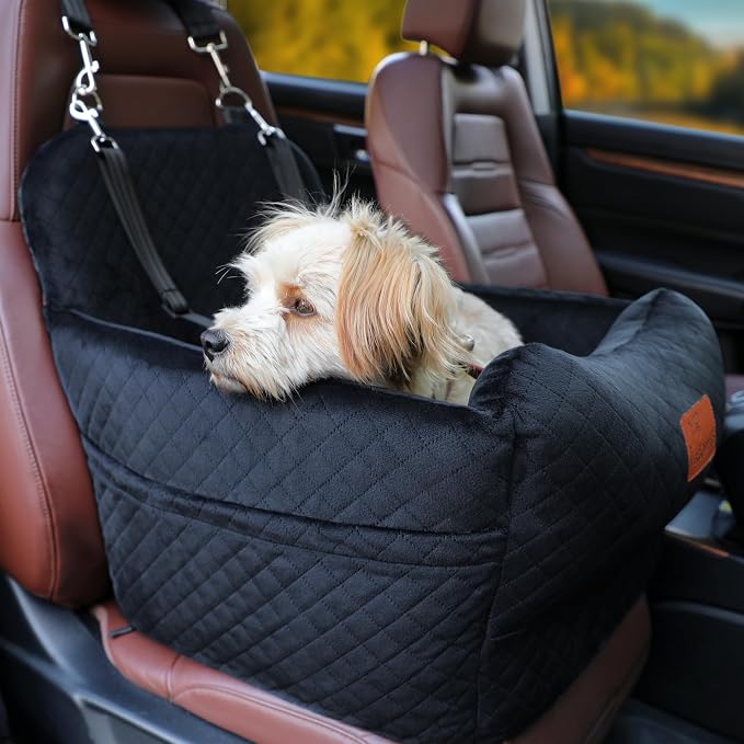 Dog Booster Car Seat for Medium/Small Sized Dogs,Memory Foam and Ultra Soft Fabric Car Pet Bed,Portable Travel Safety and Comfortable Dog Carseat with Washable Removable Cover,Thick Cushion（M-Black） by VERGODPRODogCarSeatBed