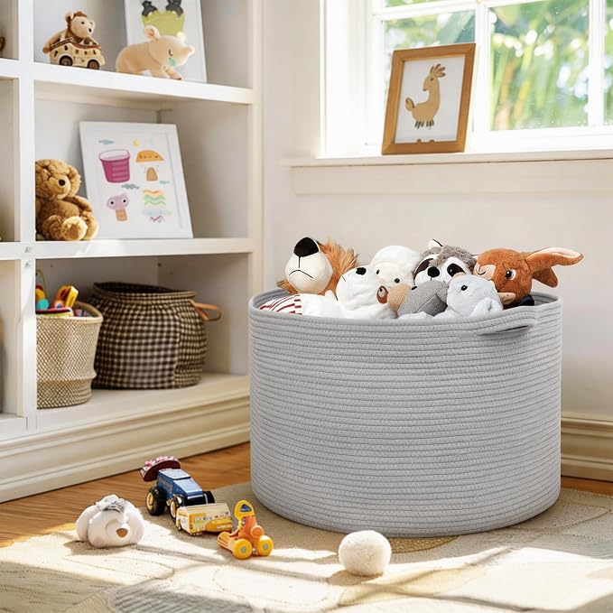 MEGASKET 115L Super Large Gray Blanket Basket, 23.6"x15.7" Woven Cotton Rope Storage Basket for Laundry, Towel, Pillow, Oversized Kids Dog Toy Storage Bin, Grey XXXL Blanket Holder for Living Room - Image 6