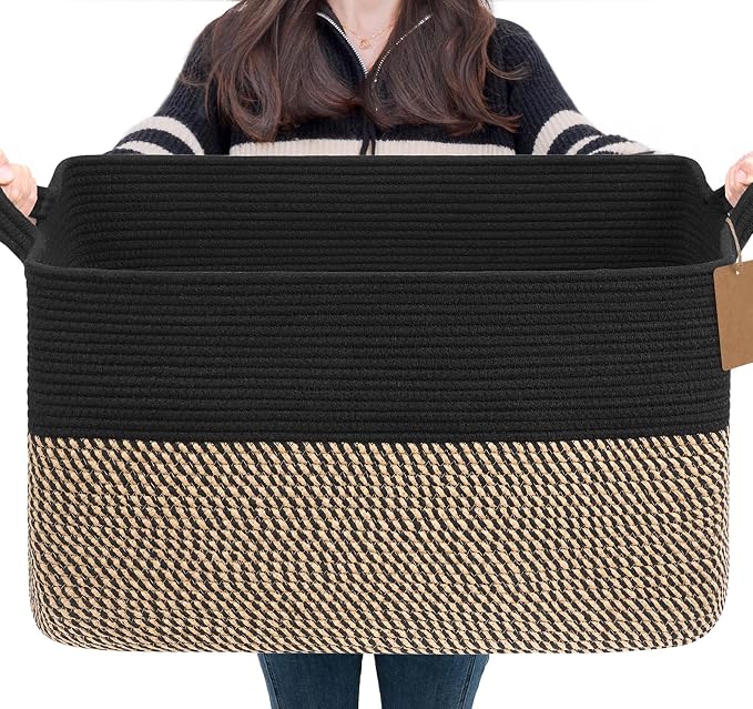 Goodpick 75L Extra Large Woven Blanket Basket, Rectangle, Black & Jute | 22" × 17" × 12" Decorative Wicker Storage Basket for Pillows, Toys & Clothes, Fits Living Room & Nursery Organization by Goodpick