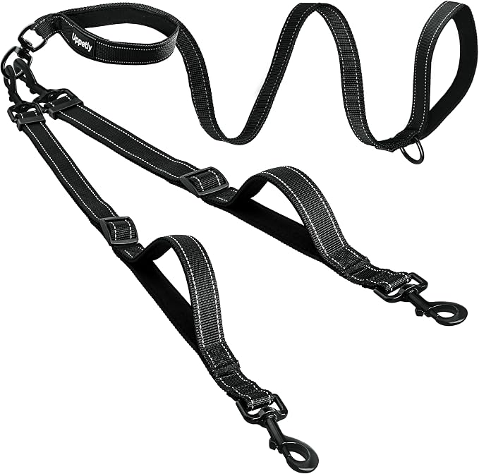 Uppetly Double Dog Leash for 2 Dogs, No Tangle Dual Leashes for Walking with Adjustable Length, Reflective Stitching and 4 Comfortable Padded Handles (Large, Black) by Uppetly