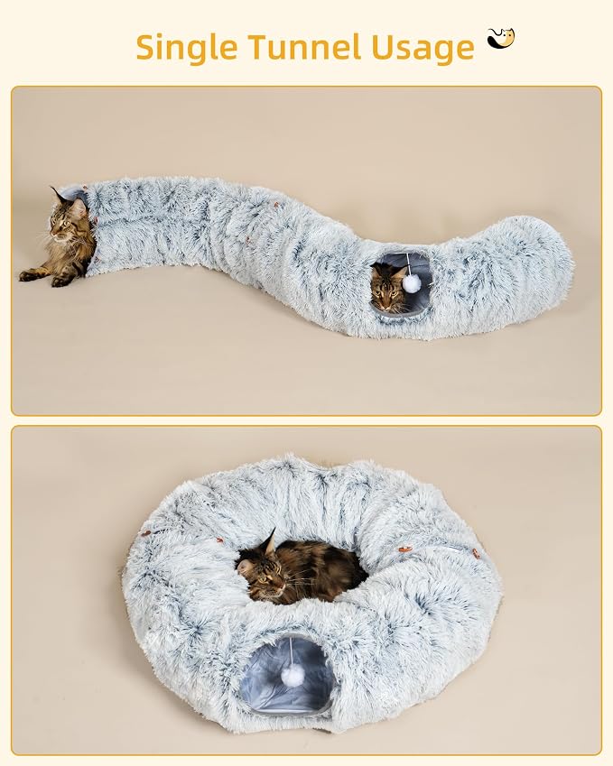 Aechonow 3-in-1 Cat Tunnel Bed, 34'' Cat Scratching Post for Indoor Cats | Fluffy Peekaboo Donut Hideout Toy for Pets, Rabbit, Ferret - Image 3