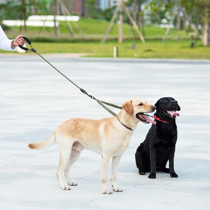Double Dog Leash, 360° Swivel, No Tangle, Medium, Military Green | Dual Leash for Two Dogs, Split Leash, Shock-Absorbing Bungee, Padded Handle, Heavy-Duty Rope - Image 6