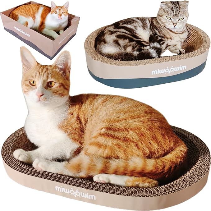 miwoowim 3-Piece Cat Scratcher Set, Oval Bowl Nest for Indoor Cats | 2 oval bed &1 box for scratching & lounging,Durable round corrugated cardboard pad & catnip toy.Furniture protector for couch - Image 2