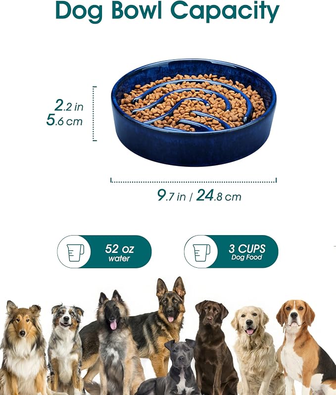 vancasso Slow Feeder Dog Bowl, 3 Cup Ceramic Slow Feeding Food Dish for Large Breed, Puzzle Dog Food Bowl for Fast Eater, Blue - Image 2
