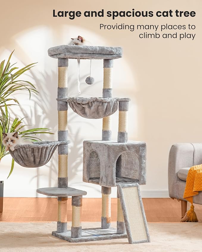 Hey-brother Large Cat Tree, Cat Tower for Indoor Cats, Cat House with Padded Bed, Cozy Condo, Hammocks, Sisal Scratching Posts, Big Scratcher, Light Gray MPJ006-MW - Image 2