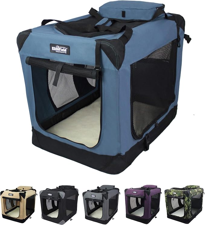 EliteField 3-Door Soft Dog Crate with Bed & Carrying Bag (2-Year Warranty) | 3 Mesh Doors, Steel Frame, Removable & Washable Crate Cover and Bed Cover, Storage Pockets, Indoor/Outdoor, Foldable by EliteField
