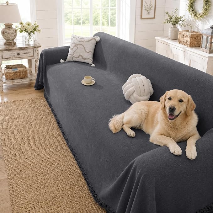 Chenille Couch Cover for Dogs Washable Boho Throw Blanket Washable | 71"×134",Dark Gray, Soft Chenille, Tassel Design, Pet Friendly, Furniture Protector, for Couch, Sofa, Bed, Living Room by YSTELLAA