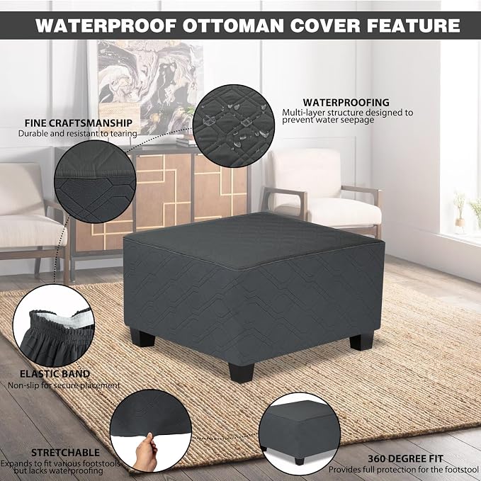 Ottoman Cover Square,Waterproof Square Ottoman Covers Thick Slipcover for Living Room,Washable Storage Footstool Furniture Protector for Dogs,Pets,Charcoal Grey,X-Large - Image 2