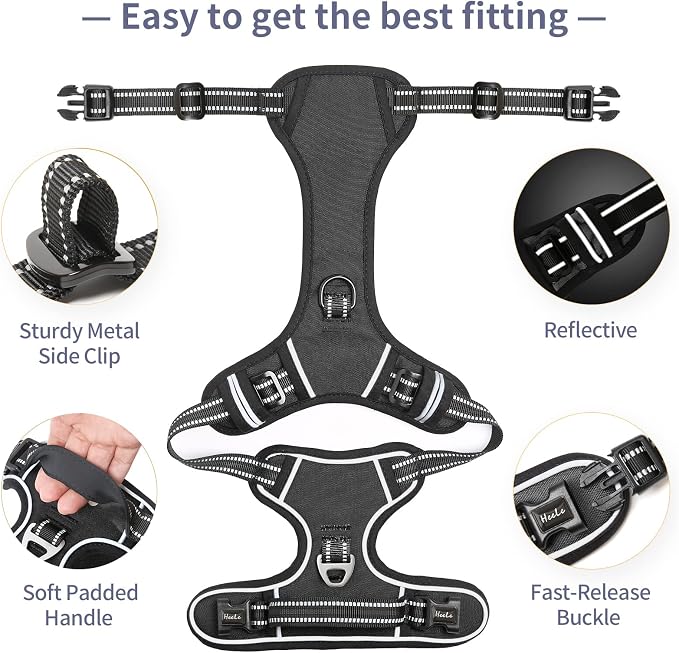 HEELE Dog Harness, No Pull Adjustable Padded Reflective Harness for Small Medium Large Dogs with Handle for Walking Training, Black, XL | No Choke with Control Handle, Soft Breathable Padded Pet Vest, Adjustable, Reflective Front Clip Vest for Night Wa... - Image 3