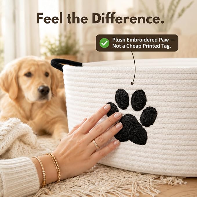 Dog Toy Basket with Handles, Cotton Rope Storage Bin Organizer for Pets | Holds toys, blankets, leashes & dog stuff. Spot clean, collapsible, free-standing woven bin with embroidered paw. - Image 4