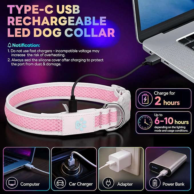 Multicolor LED Dog Collar USB-C Rechargeable, Light Up Dog Collar, Rainbow Gradient Glowing Dog Collar with 4 Light Modes, Adjustable Candy Mesh Pet Collar(Pink, Medium) - Image 5