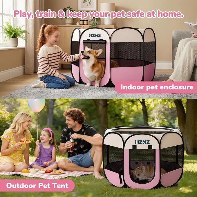 Dog Cat Small Animal Puppy Playpen Crate, Large, Pink | Portable Pop Up Pet Cage Enclosure Tent Kennel Indoor Outdoor with Carrying Case, No Assembly, Camping Use - Image 5