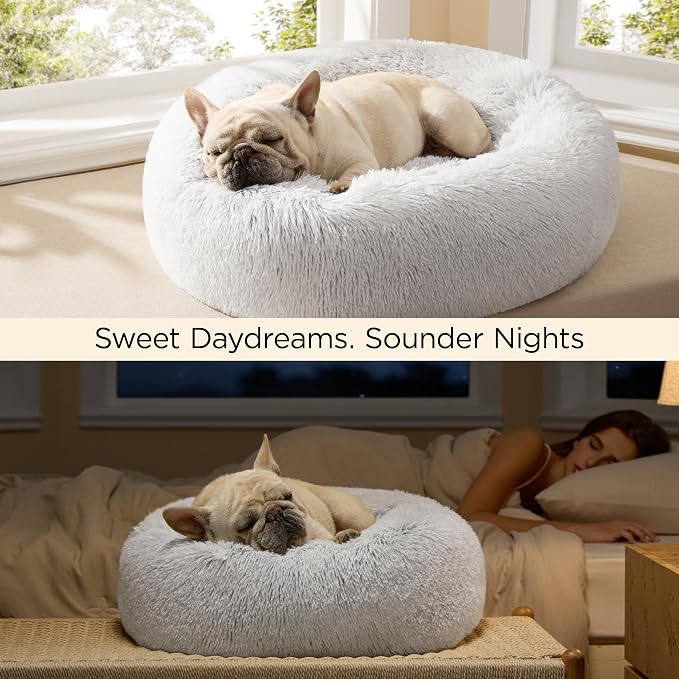 Bedsure Calming Cat Beds Donut Round Washable Kitten Bed,20 inches | Fluffy Faux Fur Cuddler,Anti-Slip Bottom,Anti-Anxiety,Deep Sleeping for Cats&Small Pets Up to 15 Lbs,Frost Grey - Image 4