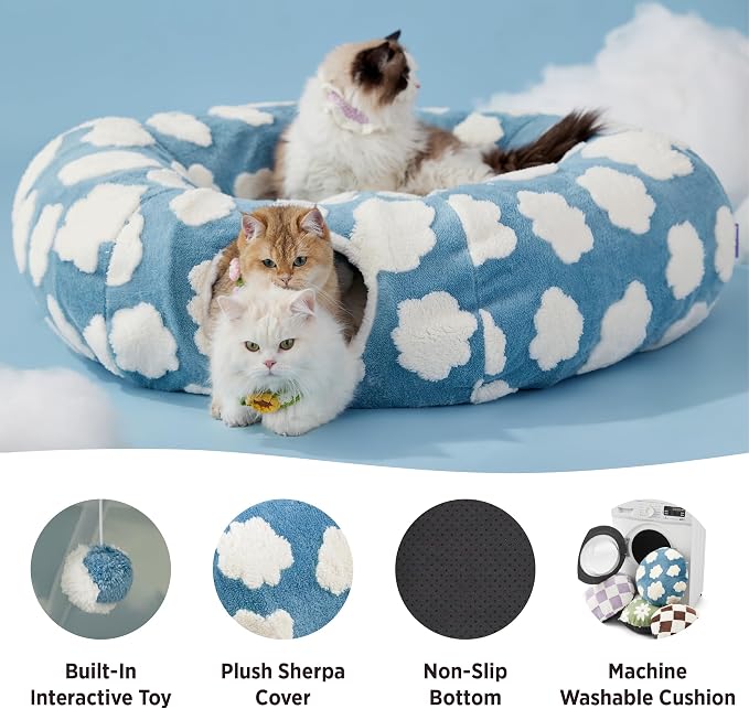 Lesure Donut Cute Jacquard Large Cat Tunnel Bed Kitten Toys for Dog Bunny | 39.5x39.5x10in,Round Large Cat Bed Tube for Multi Kittens,Pet Peekaboo Cave Toy,Spiral Hideaway,Washable Cushion,Blue - Image 3