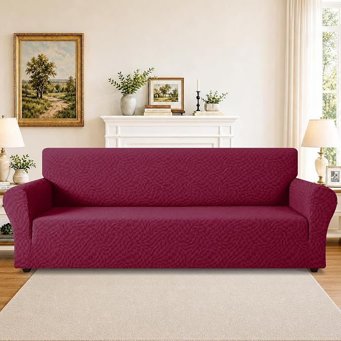 ZNSAYOTX 1 Piece Stretch Oversized Sofa Covers (91"-112"), New Plaid Couch Cover with Non-Slip Buckle for Dog Pets, Ultimate Soft Cozy Washable X-Large Sofa Slipcover Form Fit Protector, Wine Red - Image 2