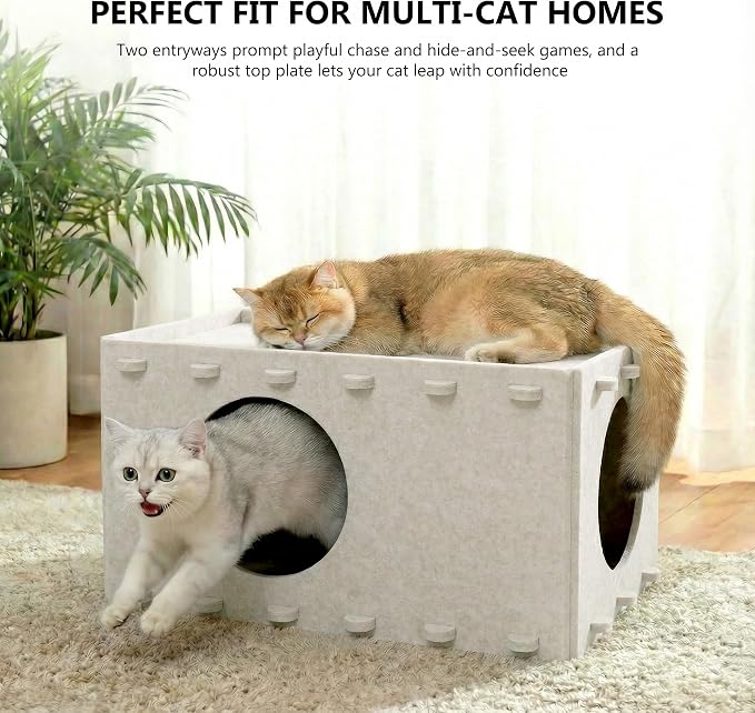 Cat House for Indoor Cats, Scratch Resistance Cat Cave Bed, Felt Peekaboo Cat Hideaway for Large & Multiple Cats Up to 22Lbs, Cream - Image 2