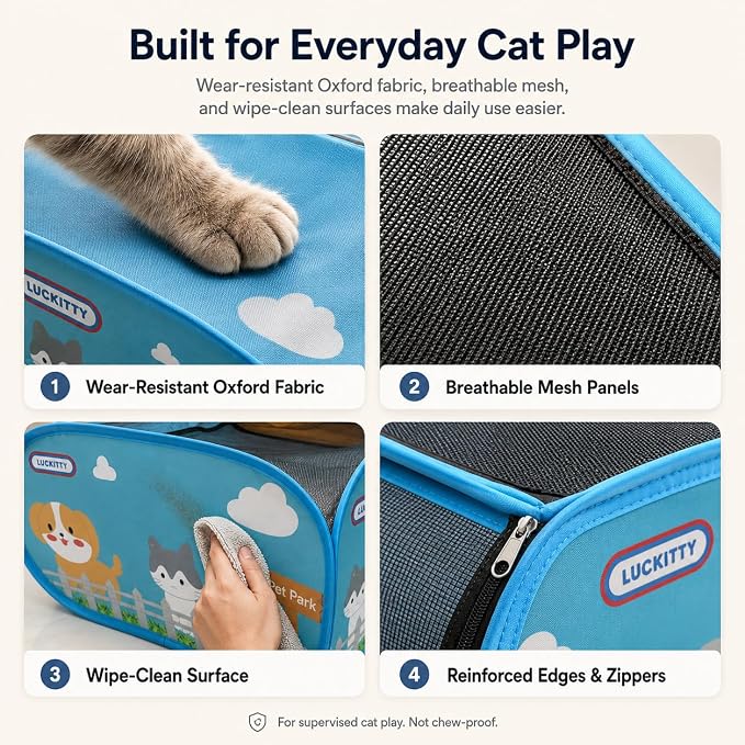 Cute Cartoon Cat Playpen with Tunnel, 3-in-1 Indoor Cat Tent with Separate Rest & Play Zones, Breathable Mesh Covered Top, Foldable Portable Cat Enclosure with Carry Bag - Image 5