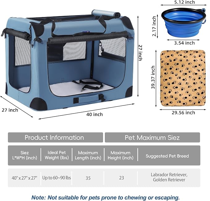 Petprsco Collapsible Dog Crate, 40 inch Portable Dog Crates for Large Dogs | Large Soft Foldable Dog Crate & Kennel for Travel, 3-Door with Sturdy Steel Frame & Durable Mesh Windows, Indoor/Outdoor - Image 4
