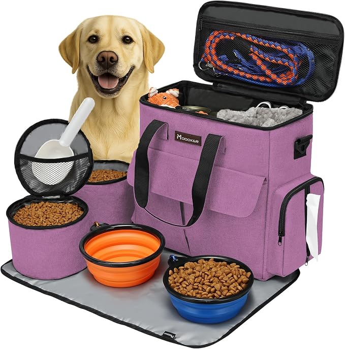 Modoker Weekend Dog Travel Bag Set with 2 Food Bags, 2 Bowls and Mat,Pink | Dog Travel Accessories Organizer for Camping and Road Trips with Roomy Storage, Multiple Pockets and Water-Resistant Oxford by Modoker