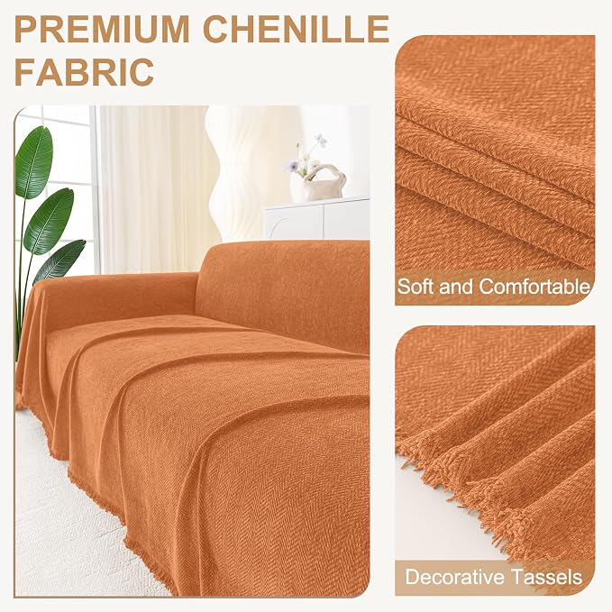 Smiry Couch Cover for Dogs, Chenille Sofa Covers for 3 Cushion Couch | Washable Soft Sofa Slipcover for Pets, Thick Sectional Furniture Protector with Tassels (Orange, 71x150 Inch) - Image 2