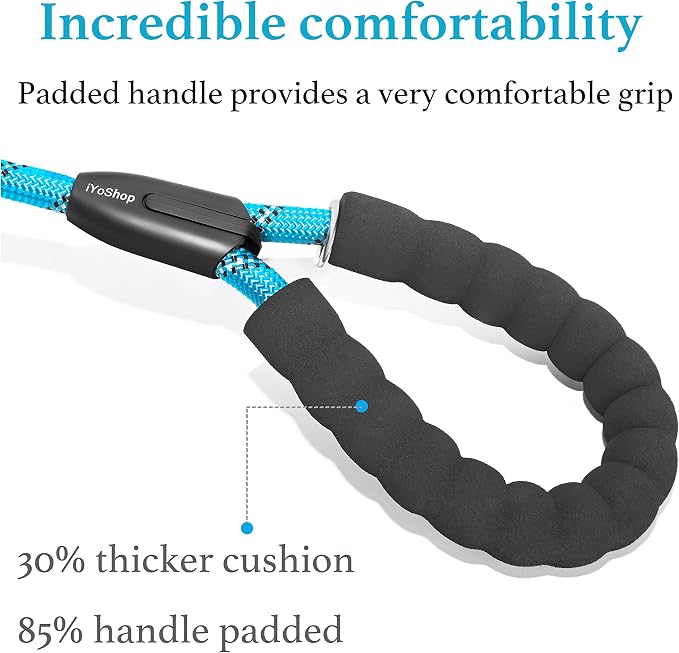 Double Dog Leash, 360° Swivel, No Tangle, Large, 25-150 lbs, Blue | Dual Leash for Two Dogs, Split Leash, Shock-Absorbing Bungee, Padded Handle, Heavy-Duty Rope - Image 4