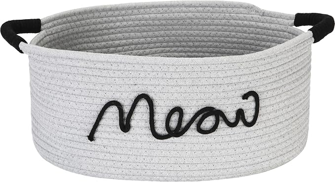 Sea Team Cat Toy Storage Basket with Handles, Gray Meow | Large Cotton Rope Storage Bin, Shelf Basket, Organizer for Pet Chew Toys, Foods, 16.5 x 11 x 7 Inches, 4.4 Gallons by SeaTeam