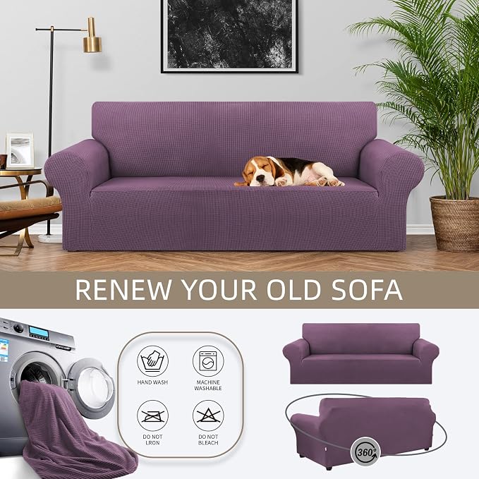 KEKUOU Stretch Couch Covers for Sofa, 3 Cushion Couch Slipcover,Dark Purple | 1-Piece Washable Sofa Cover Pet Friendly(78"-94") Furniture Protector Soft Jacquard, Elastic Bottom for Dogs & Kids - Image 3