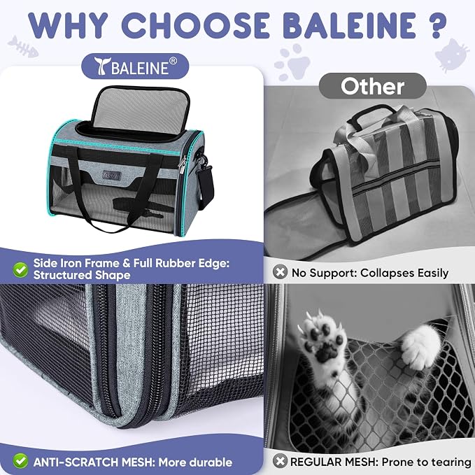BALEINE Cat Carrier, Puppy Dog Carrier for Small Medium Pets Up to 15 Lbs, Soft-Sided Dog Travel Bag with Safety Zippers, Collapsible Pet Carrying Case (Gray, L, 17"x11"x11") - Image 7
