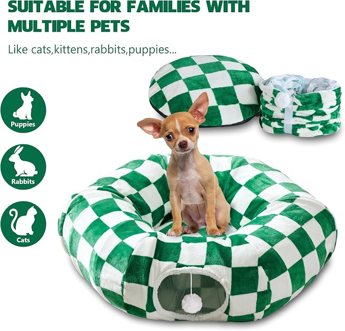 Cute Round Cat Tunnel for Indoor Cats, Green/White | Peekaboo Cat Cave with Dangling Balls, Checkered Pet Donut Tunnel Bed with Circle Mat for Puppy Kitten Rabbit - Image 4