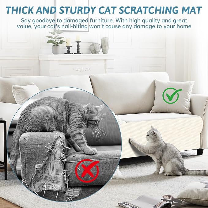 Cat Scratch Mat for Couch Furniture (Off-White, 78.7" x 15.8") | Self-Adhesive Cat Scratcher Carpet, Trimmable DIY Cat Scratch Pad, Furniture Protector for Couch, Wall, Door & Cat Tree - Image 4