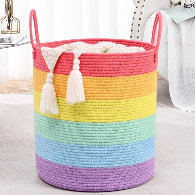 Laundry Hamper for Organizing, 52L Large Laundry Baskets, Cotton Rope Woven Blanket Basket, Collapsible Laundry Hamper for Living Room, Nursery, 15"×18", Rainbow - Image 9
