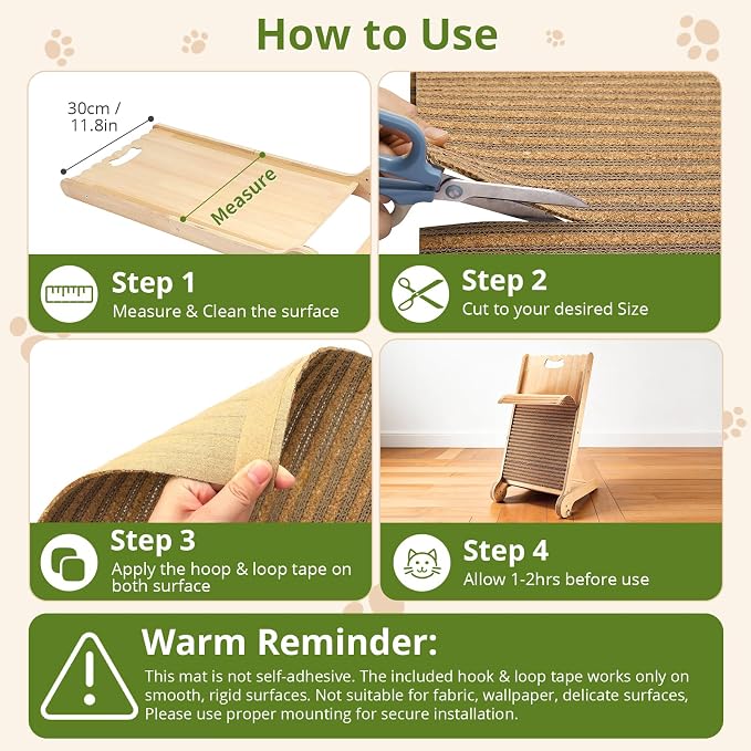 Natural Cork Cat Scratcher Mat with No Pre-Applied Adhesive, Bonus 118inch Hook-Loop Tape. Cat Scratching Toy DIY, Replacement for Cat Tree, Post, Ramp and Wall Shelves (Oak Wood, 39.4 x 11.8 Inch) - Image 4