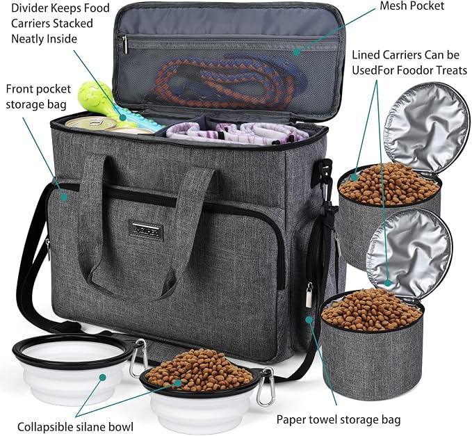 BAGLHER Dog Travel Bag, Airline Approved Pet Tote Organizer with Multi-Function Pockets, 2 X Food Storage Containers and 2 X Collapsible Bowls, Perfect Weekend Pet Travel Set for Dog, Cat Grey - Image 5