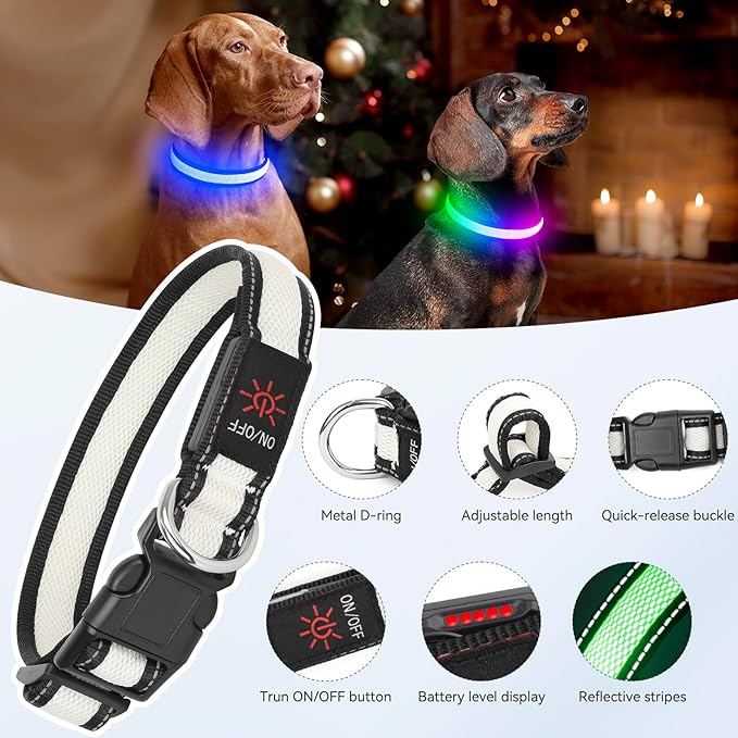 Flashseen Multicolor LED Light Up Dog Collar, RGB 9-Mode, USB Rechargable | Super Bright Lighted Dog Collar, Adjustable Soft Mesh, Glow Collar for Dog Night Walking (White, S) - Image 5