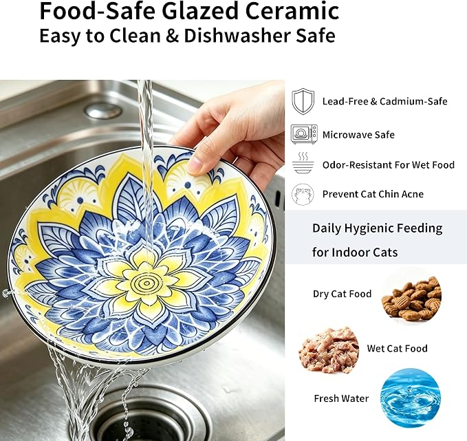 Elevated Ceramic Cat Bowl, Neck Protective, Whisker-Friendly, Dishwasher Safe, Suitable for Cats and Puppies(Bohemian Style) - Image 5