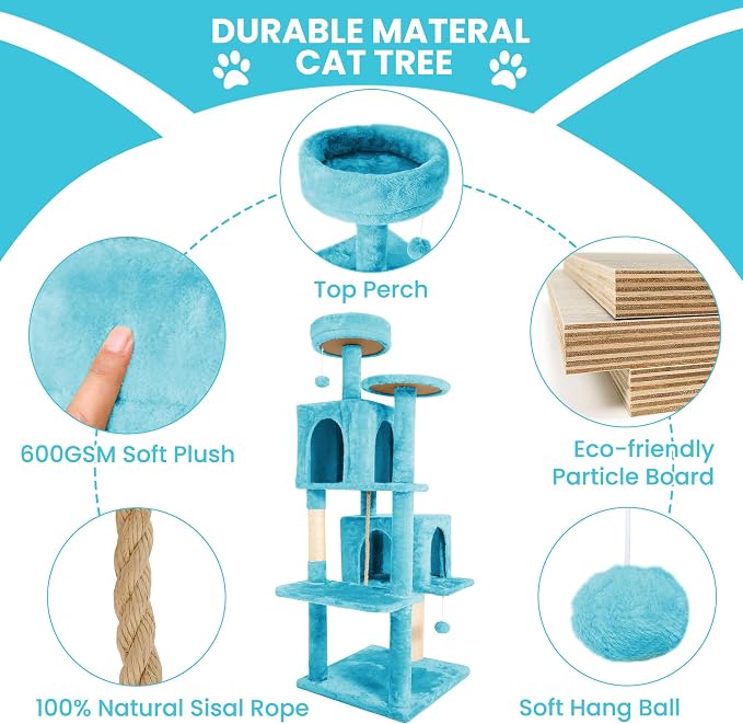 57inch Large Cat Tree Tower Condo for Indoor Cats, Soft Plush Multi-Level Climbing Tree Cat House with Cat Cave, Scratching Post, More Entrance/Exit, Sisal Rope, Light Blue - Image 6