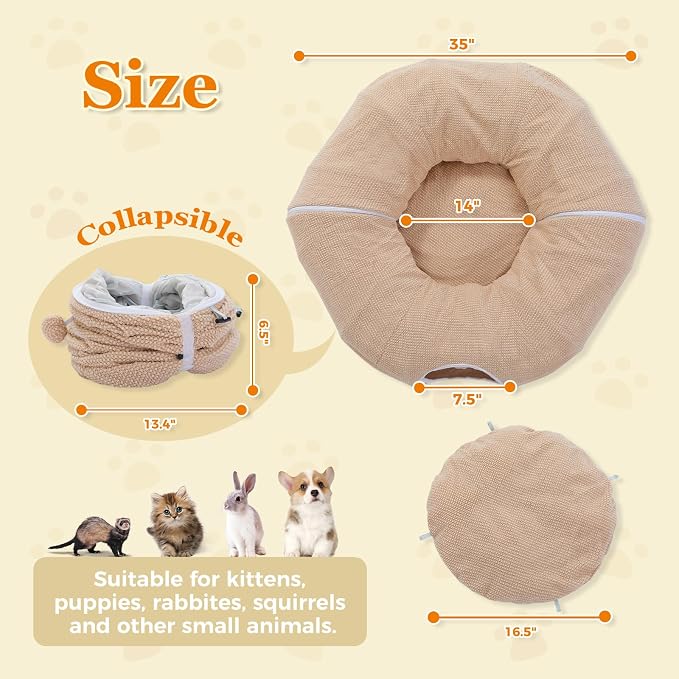 PEQULTI Beige Donut Cat Tunnel Bed Washable Plush Mat Multi for Small Pets | Round play tube with soft detachable plush mat, multi-pet toy fit indoor cats, kittens, puppies, rabbits and ferrets - Image 4